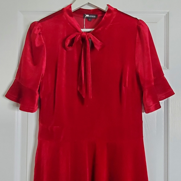 Ranphee Ruffle Sleeve Bow Tie Neck Velvet Dress - Picture 15 of 15